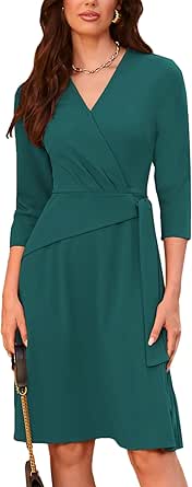 GRACE KARIN Womens Cocktail Dress Faux Wrap V Neck Pleated 3/4 Sleeve Stretchy Midi A Line Wedding Guest Dress