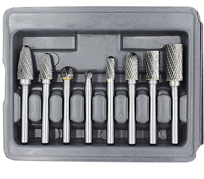 YUFUTOL Carbide Burr Set - 8pcs Double Cut Solid Carbide Rotary Burr Set 1/4''(6.35mm) Shank for Die Grinder Drill, Metal Wood Carving, Engraving,Polishing,Drilling