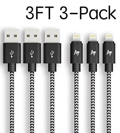 AYIPE USB to iPhone Lightning Cable [3-Pack] - 3.3 Feet (1 Meters) - BlackWhite - Nylon Braided