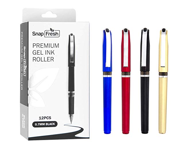 SnapFresh Premium Gel Ink Roller Ball Pen, Medium Line (0.7mm), Black Ink, Stylish Metallic Colored Barrel, 12-pack