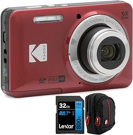 Kodak PIXPRO FZ55 Digital Camera, Red Bundle with Lexar 32GB High-Performance 800x UHS-I SDHC Memory Card   Deco Photo Point and Shoot Field Bag Camera Case