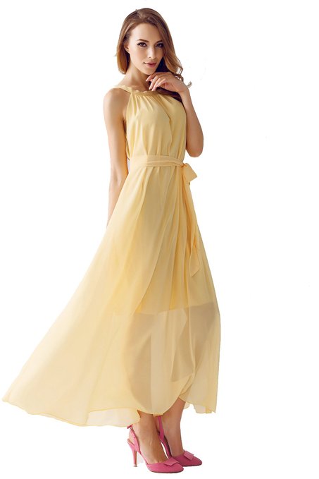 Clearance Sale! Elegant Chiffon Halter Maxi Dress with Belt W01005