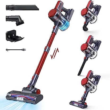 EICOBOT Cordless Vacuum Cleaner,20000Pa High Efficiency Stick Vacuum,6 in 1 Lightweight Quiet Vacuum Cleaner with 35min Long Runtime,Detachable Battery, for Hardwood Floor Pet Hair,Car,Red