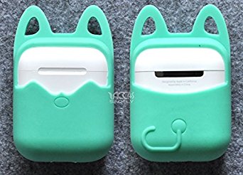 AirPods Case, Luckiefind cat ears designer silicone case for airpods charging box (Green)