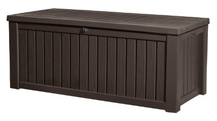 Keter Rockwood Plastic Deck Storage Container Box Outdoor Patio Garden Furniture 150 Gal, Brown