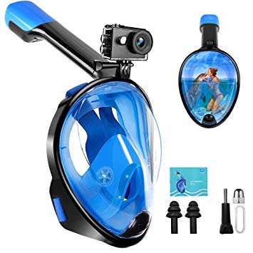Snorkel Mask - Upgraded Dual-Snorkel 180°Full Face Diving Mask Dive Glasses for Adults & Kids, Anti-fog & Anti-leak, w/ Adjustable Strap & Gopro Mount, Perfect Snorkeling Kit for Swimming Skin Diving