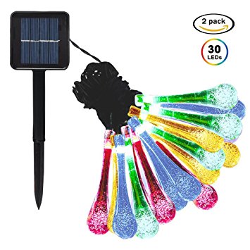 2 Pack Solar Strings Lights, 20 Feet 30 LED Water Drop Solar Fairy Lights, Waterproof Lights for Garden, Patio, Yard, Home, Parties- Multi Color