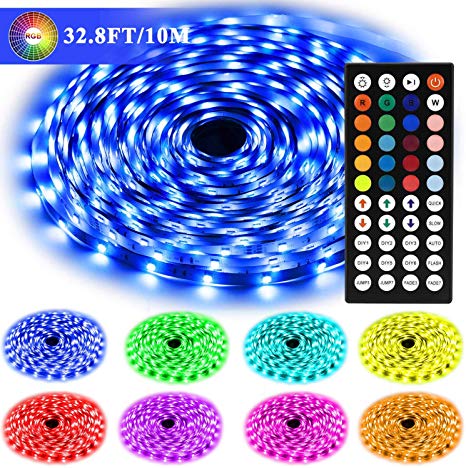 EVISWIY LED Strip Lights for Bedroom 32.8 ft 10M Long 5050 RGB 300LEDs Color Changing with Remote 12V Power Supply Dimmable Flexible LED Tape Lights Lighting for Room Ceiling Christmas Under Cabinet