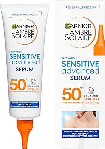 Garnier Ambre Solaire SPF 50  Sun Protection Serum Face & Body, Non-Sticky, Non-Greasy Fluid Texture, No White Cast, Sensitive Advanced, 125 ml