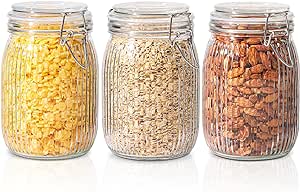 ComSaf Airtight Glass jar with lid 37oz Set of 3, Glass Storage Containers with Lids, Glass Canister, Striped Clip Fastening Jar for Kitchen Canning, Cereal, Pasta, Sugar, Flour, Cookie