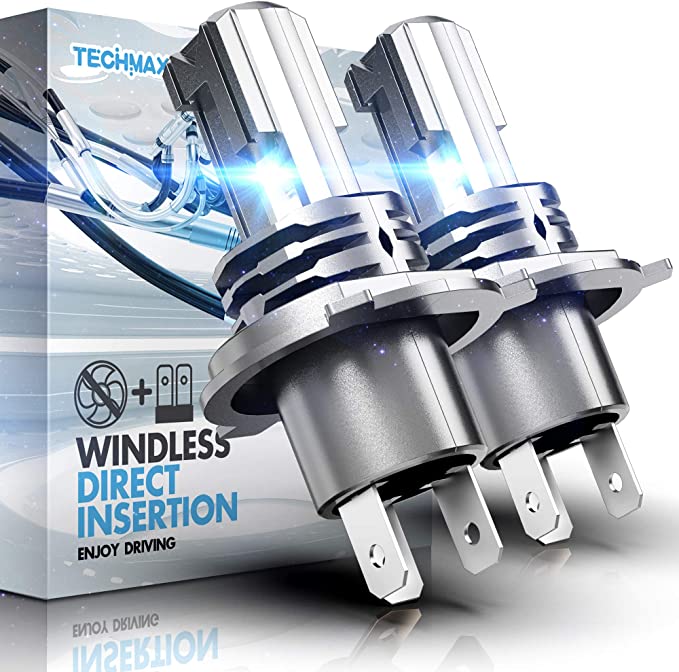 TECHMAX H4 LED Headlight Bulb, Windless Direct Insertion 10000LM 50W 6500K Xenon White 9003 Conversion Kit of 2 Halogen Replacement