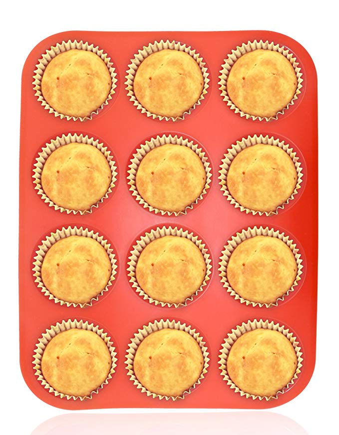 Philonext Silicone Muffin Pan,12-Cup Muffin Trays Red Silicone Cupcake Baking Pans / Non stick / Dishwasher - Microwave Safe