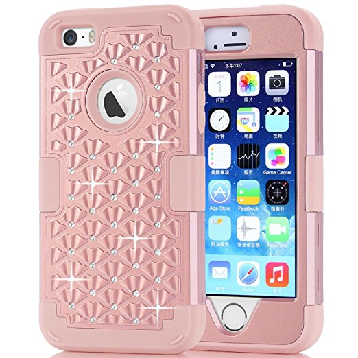 iPhone 5s Case, Hocase Shining Stars Series Shockproof Double Layer Glitter Hard Back Bumper Protective Case for iPhone 5s / 5 / SE - Rose Gold