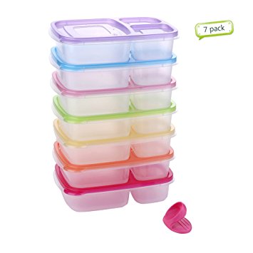 Belndnew 7 pack Bento Lunch Box /Food Storage Containers,Reusable,Leak Proof,Microwaveable,Freezer & Dishwasher Safe,Bento Food Container Set with 3 Compartments (View amazon detail page)