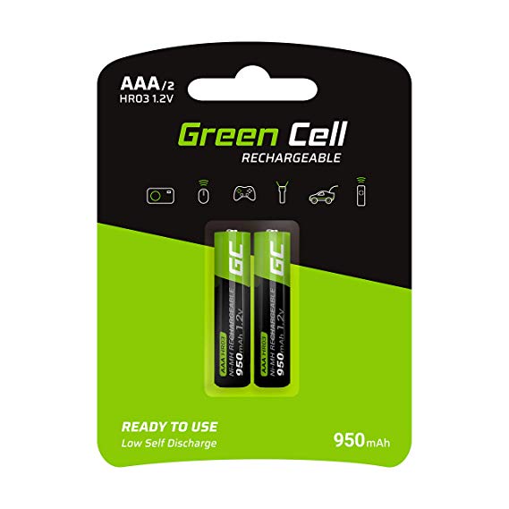 Green Cell 950mAh 1.2V Type AAA Pre-Charged Rechargeable Batteries, Pack of 2, Ni-MH Batteries, High Capacity, Ready to Use, Low Self Discharge, Micro Battery, HR03