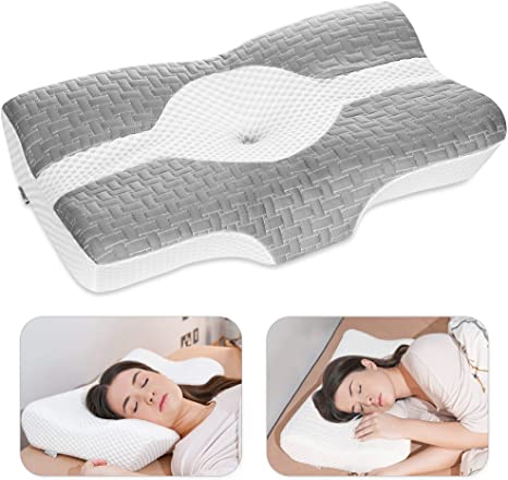 Elviros Cervical Contour Memory Foam Pillow for Neck Pain Shoulder Pain, Orthopedic Sleeping Pillow Ergonomic Neck Support Pillow for Side/Back/Stomach Sleepers with Removable Cover (Grey)
