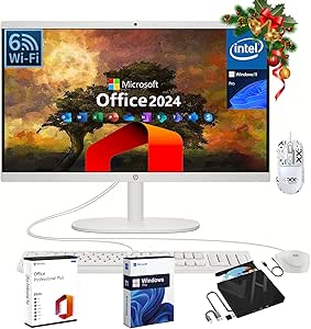 HP All-in-One Desktop Computer - with Office 2024 Lifetime & 8 in 1 CD/DVD Drive, 21.5" FHD Display, HD Webcam, WiFi 6, Intel Celeron J4025, Win 11 Pro & Computer Accessories (16 GB RAM | 1 TB SSD)