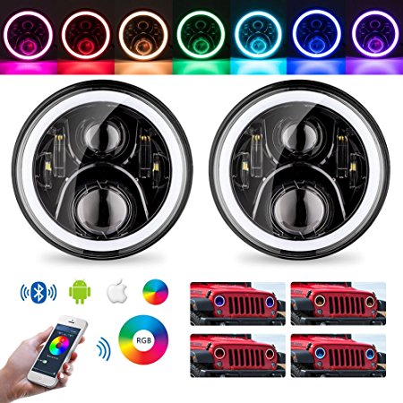 Leader Car Accessories Pair 7" Inch LED Headlights Round Black Halo Angel Eyes Bluetooth Phone APP Controlled with DRL Hi/Lo Beam and Turn Singal for Jeep Wrangler 2007-2017