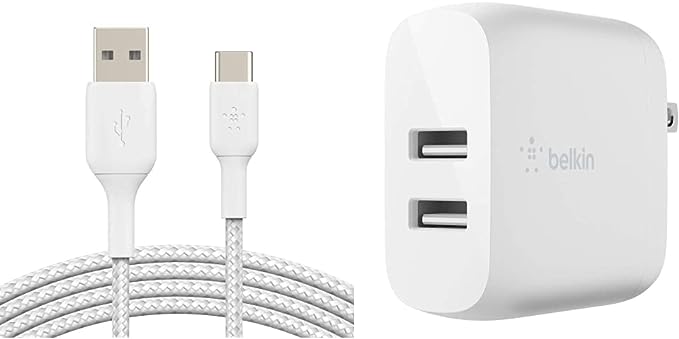 Belkin 3.3ft Braided USB-C Cable, Boost Charge USB-C to USB Cable, USB Type-C Cable & 24W Dual Port USB Wall Charger - iPhone Fast Charging - USB Charging Block for Power Bank