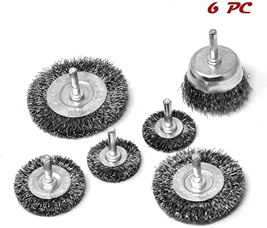 Toolman Crimped Wire Wheel Cup Brush Set Coarse Crimped Carbon Steel Universal Fit 6pcs Set 1/4" Shank for Power Drill Rust Cleaning XTH007