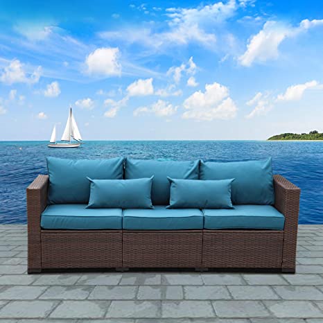 Patio PE Wicker Couch - 3-Seat Outdoor Brown Rattan Sofa Seating Furniture with Peacock Blue Cushion