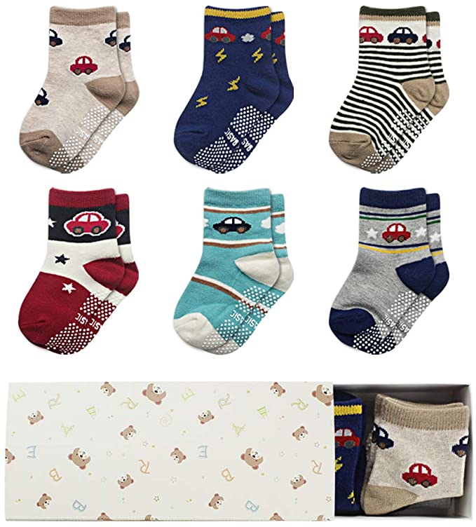 UROOM 6 Pack Baby Socks Gifts Set on Skid Anti Slip with Grips Christmas Socks for Newborn Boys Baby Socks 3-12 Months