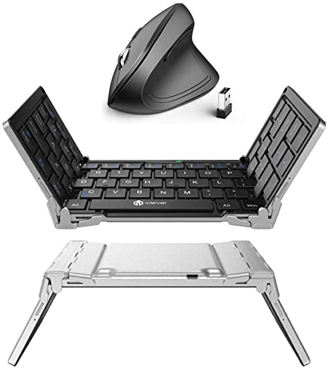 iClever BK03 Bluetooth Keyboard, Bluetooth 5.1 Foldable Wireless Keyboard with Portable Pocket Size and iClever Vertical Mouse - Ergonomic Mouse Wireless 6 Buttons