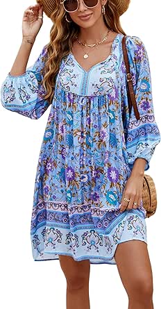 Bluetime Women Casual Summer Dress Boho V Neck 3/4 Sleeve Short Babydoll Floral Print Flowy Beach Dresses