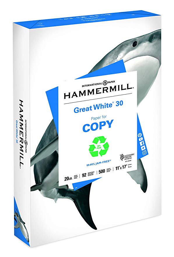 Hammermill Paper, Great White 30% Recycled Printer Paper, 11 x 17 Paper, Ledger Size, 20lb, 92 Bright, 1 Ream / 500 Sheets (086750R) Acid Free Paper