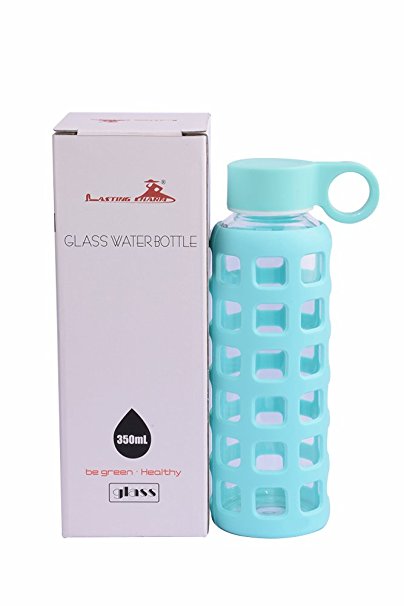Lasting Charm® Glass Water Bottle Reusable BPA-Free with Beautiful Silicone Sleeve for Home, Travel, Hiking, Camping 12 oz
