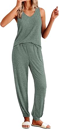 Ekouaer Women's Pajamas Sleeveless Summer Lounge Set Ribbed Knit Pj Loungewear Tank Top with Jogger Pants