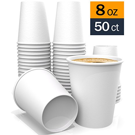 8 oz All-Purpose white Paper Cups (50 ct) - hot Beverage Cup for Coffee Tea Water - disposable Paper Cups
