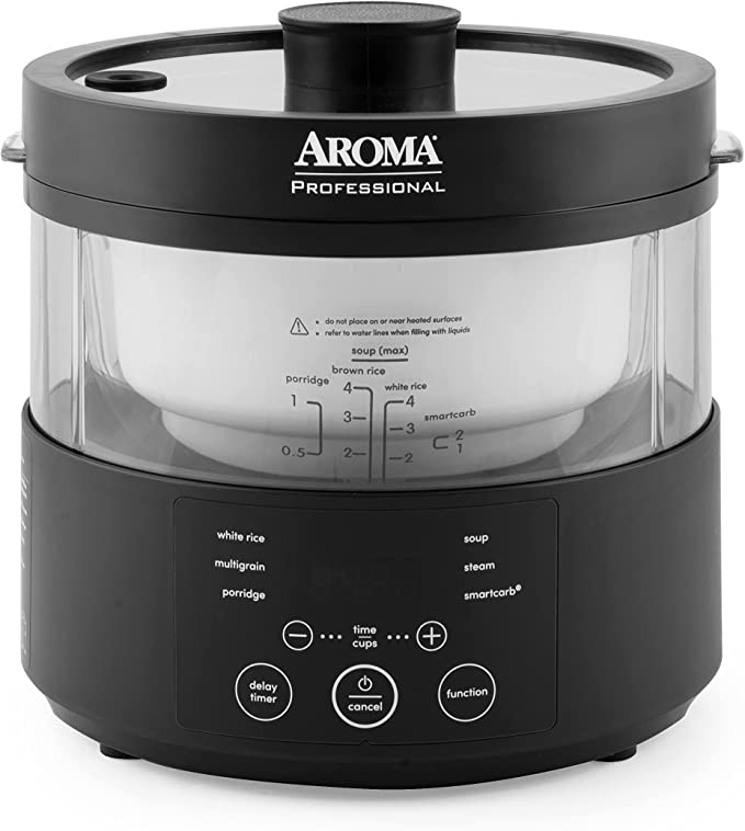 AROMA® Professional 8-Cup (Cooked) SmartCarb® Multicooker and Flavor-Lock Food Steamer for Low-Carb Rice and Grains, Glass Inner Pot, Black (AMC-800)