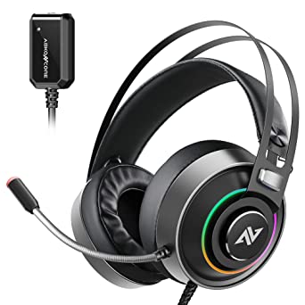 ABKONCORE B719M Pro Gaming Headset with Superb 7.1 Sound Card, Gaming Headphones for PS4, PC, Xbox one, Nintendo Switch, Laptop, Mac with Noise-Cancelling Microphone, Bass Vibration, RGB Light, in-line Controller