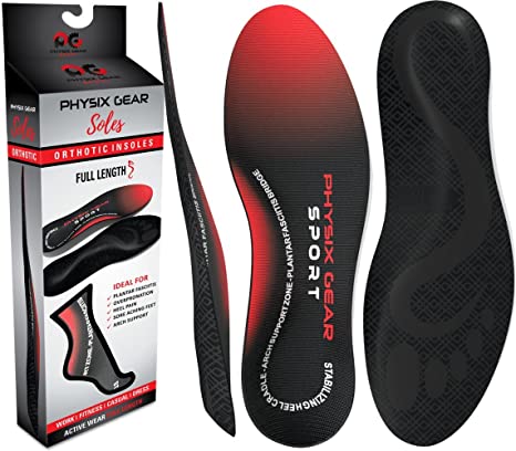 Physix Gear Sport Full Length Orthotic Inserts with Arch Support - Best Shock Absorption & Cushioning Insoles for Plantar Fasciitis, Running, Flat Feet, Heel Spurs & Foot Pain - for Men & Women