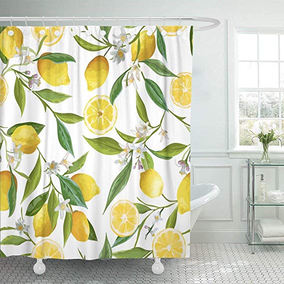 YoKii Lemon Fabric Shower Curtain, Summer Bright Nature Fruit Citrus Polyester Bath Curtain Set, 72-Inch Spa Hotel Heavy Weighted Bathroom Curtain (72 x 72, Lemon Bliss)