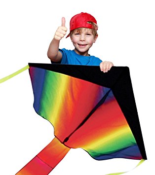 Huge Rainbow Delta Kite for Kids and Adults - Very Easy to Fly - Great for Beginners - Outdoor Games Activities - Summer Fun Flying Toys with Dual Tails and Extra Long String. Comes With Lifetime Warranty and Money-Back Guarantee!