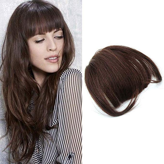 HIKYUU Dark Brown Thick Bangs Clip in Hair Extensions with Temples Blunt and Heavy Human Hair Front Heavy Bangs Fringes with Temples