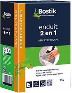 Bostik Enduit Mural 2 en 1 Poudre - Enduit de Lissage et Rebouchage - Intérieur - Tous Supports - 1 Boîte Carton 1 kg