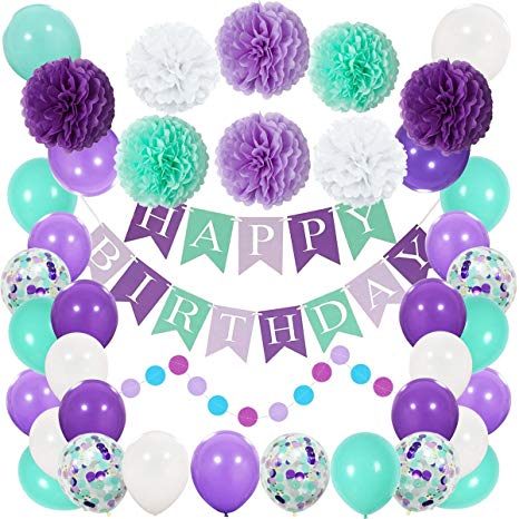 Mermaid Party Decorations and Supplies- Happy Birthday Banner, Pom Pom Decor, Latex Confetti Balloons for Birthday Party, Baby Shower, Under The Sea Party Favors