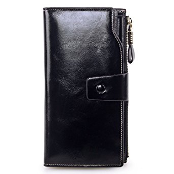 Women's RFID Blocking Large Capacity Luxury Wax Genuine Leather Clutch Wallet Card Holder Organizer Ladies Purse With Zipper Pocket