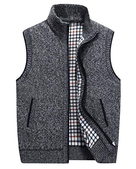 HOW'ON Men's Stand Collar Loose Zipper Sleeveless Knitted Cardigan Sweater Vest Outwear Jacket