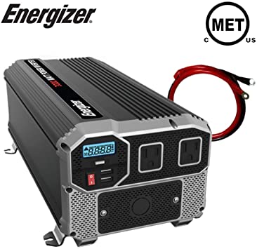 Energizer 3000 Watts Power Inverter, 12V to 110 Volts Modified Sine Wave Car Inverter, Dual AC Outlets, 2 USB Ports 2.4A ea and Hardwire Kit, Battery Cables Included - METLab Approved Under UL STD 458