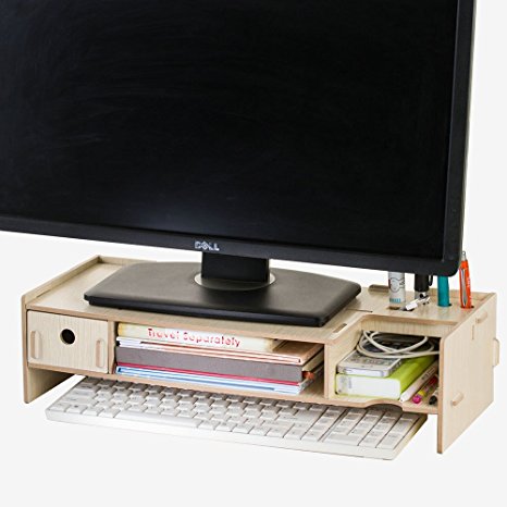 YUMU DIY Adjustable Eco-Friendly Wooden Computer Monitor Stand Riser Desktop Organizer Pen Slots Paper Storage Document Sorter Shelf Letter Tray File Holder for Home Office DH1049 (01-oak)