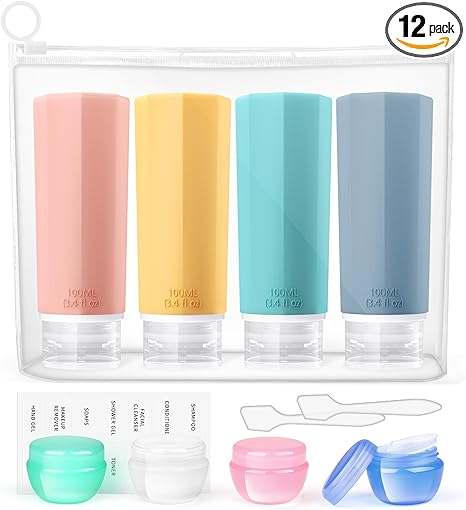 Opret 12 Pcs Travel Bottles Set for Toiletries, 100ml Leak Proof Portable Travel Containers and Pots Refillable Squeezable for Shampoos and Conditioner, BPA Free and TSA Approved
