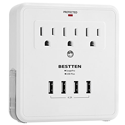 Bestten Multi Outlet Wall Mount Adapter Surge Protector with Four (4) USB Charging Ports, 3 Electrical Outlet Extenders and 2 Slide Out Phone Holders