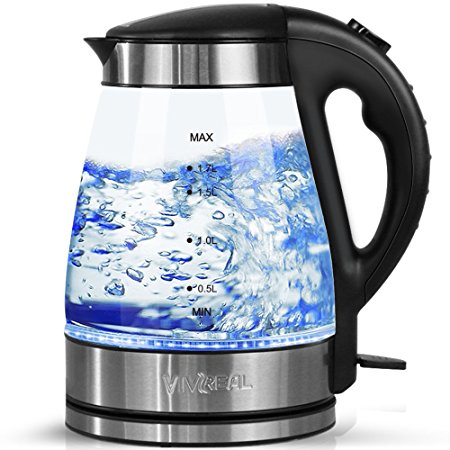 Glass Electric Kettle - 1.7L Blue LED Illuminated Stainless Steel Kettle, 2200W Quiet Quick Boil Cordless Electric Kettle with Auto Shut Off & Overheating Protection for Water Tea Make, Black