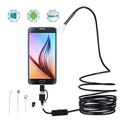 Seesi USB Endoscope 3 in 1 Borescope 5.5mm Ultra Thin Waterproof Inspection Snake Camera Micro USB and Type C for OTG Android, PC, Notebooks Windows Mac with 5M 16.4FT Semi-Rigid Cord with LED Light