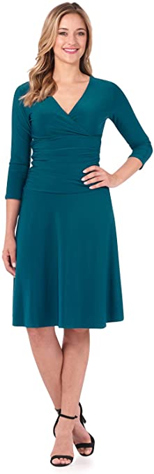 Rekucci Women's Slimming 3/4 Sleeve Fit-and-Flare Crossover Tummy Control Dress