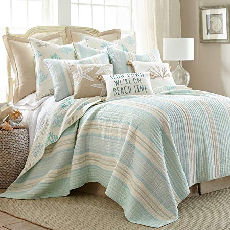 Levtex Stone Harbor Full/Queen Quilt Set, White with Teal & Taupe, Cotton